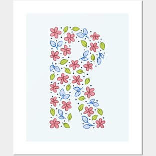 Floral Monogram Letter R - pink and blue Posters and Art